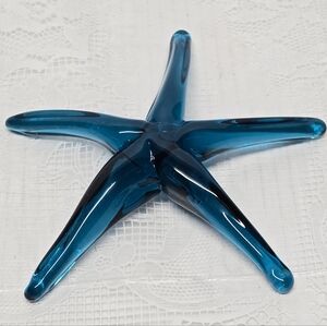 Handblown Art Glass Teal Blue Starfish See Star Paperweight Coastal Boho Decor